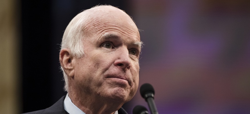 Sen. John McCain, R-Ariz., speaks after he received the Liberty Medal from the National Constitution Center in Philadelphia, Oct. 16, 2017