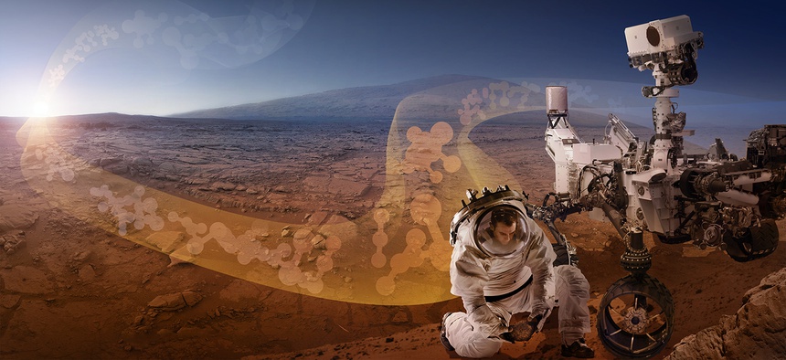 Artist's conception of exploration during a manned mission to Mars.