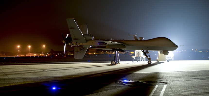 An MQ-9 Reaper sits on the flight line at Hurlburt Field Fla., April 24, 2014.