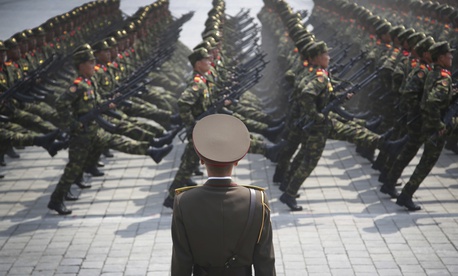 In this April 15, 2017, file photo, soldiers goose-step across Kim Il Sung Square in Pyongyang, North Korea, during a parade to celebrate the 105th birth anniversary of Kim Il Sung. In this April 15, 2017, file photo, soldiers goose-step across Kim Il Sung Square in Pyongyang, North Korea, during a parade to celebrate the 105th birth anniversary of Kim Il Sung.