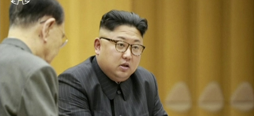 This image made from undated video of a news bulletin aired by North Korea's KRT on Sept. 3, 2017, North Korea's leader Kim Jong Un holds the Presidium of the Political Bureau of the Central Committee. North Korean state television said on Sunday, Sept. 3