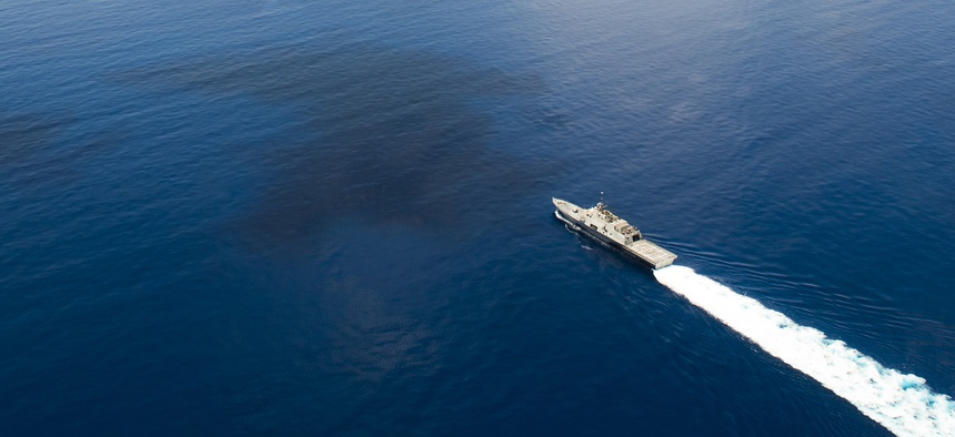A 2015 photo shows USS Fort Worth (LCS 3) operates in international waters of the South China Sea while on patrol near the Spratly Islands.