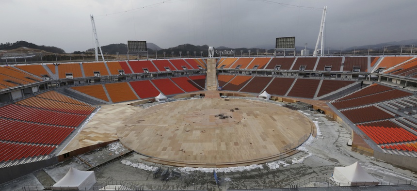 The Pyeongchang Olympic Stadium is under construction in Pyeongchang, South Korea, Saturday, Nov. 25, 2017.