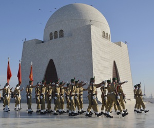 A contingent of the cadets of Pakistan army march during a change of the guard ceremony at the Jinnah mausoleum in Karachi, Pakistan. A contingent of the cadets of Pakistan army march during a change of the guard ceremony at the Jinnah mausoleum in Karachi, Pakistan.