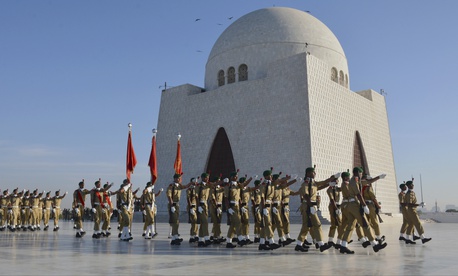 A contingent of the cadets of Pakistan army march during a change of the guard ceremony at the Jinnah mausoleum in Karachi, Pakistan. A contingent of the cadets of Pakistan army march during a change of the guard ceremony at the Jinnah mausoleum in Karachi, Pakistan.