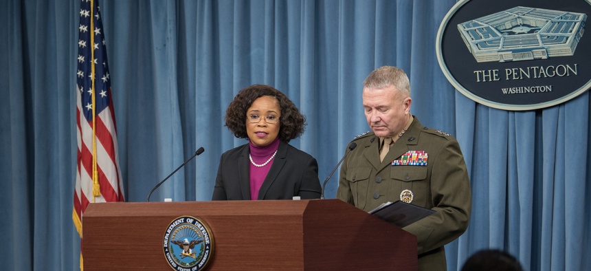 Pentagon spokesperson Dana White told reporters today the services are encouraged to talk about readiness shortfalls — but carefully, or in closed-door sessions with Congress.
