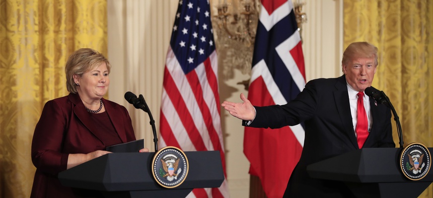 Norwegian Prime Minister Erna Solberg, speaks during a joint news conference with President Donald Trump, in the East Room of the White House in Washington, Wednesday, Jan. 10, 2018.