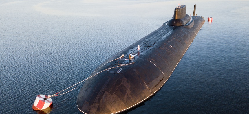 In this aerial photo, the Russian nuclear submarine Dmitry Donskoy moored near Kronstadt, a seaport town 30 km (19 miles) west of St. Petersburg, Russia, July 28, 2017.