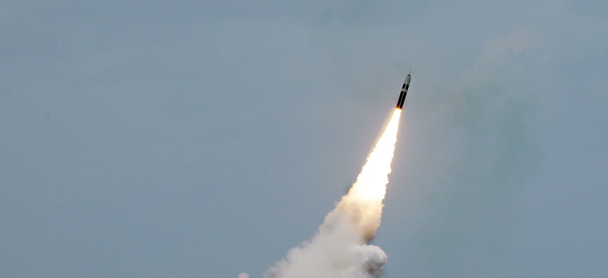 An unarmed Trident II D5 missile launches from the Ohio-class fleet ballistic-missile submarine USS Maryland (SSBN 738) off the coast of Florida, August 31, 2016.
