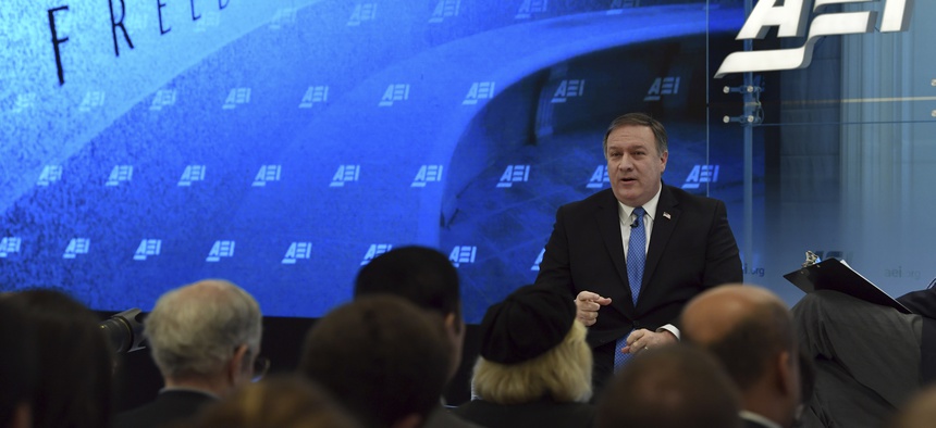 CIA Director Mike Pompeo speaks on intelligence issues at the American Enterprise Institute in Washington, Jan. 23, 2018.