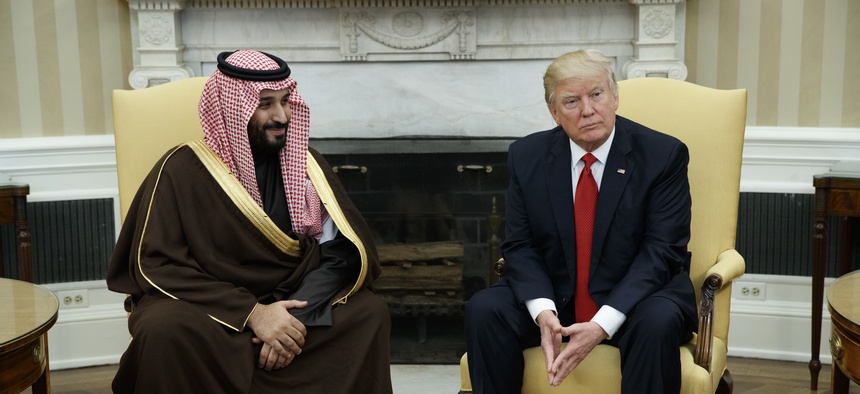 President Donald Trump meets with Saudi Defense Minister and Deputy Crown Prince Mohammed bin Salman in the Oval Office of the White House in Washington, March 14, 2017.