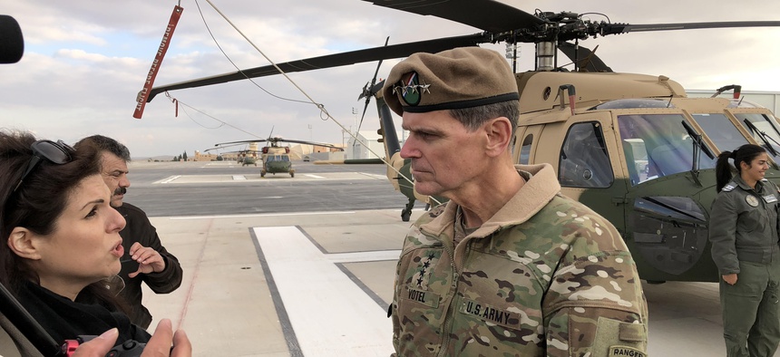 Gen. Joseph Votel speaks to reporters at King Abdullah II air base, outside of Amman, Jordan, Sunday, Jan. 28, 2018