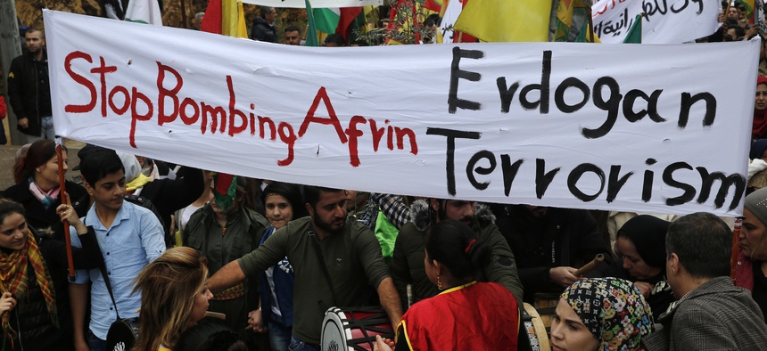 In Beirut, Lebanon, Kurdish demonstrators protest against the operation by the Turkish army aimed at ousting the U.S.-backed Kurdish militia from the area in Afrin, Syria, Jan. 28, 2018.