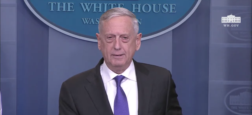 Defense Secretary James Mattis speaking at the White House Briefing Room, Feb. 7, 2017.