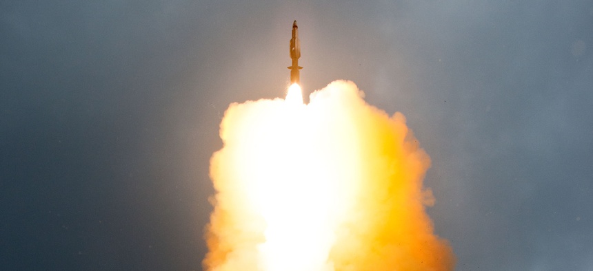 A Standard Missile-3 (SM-3) Block 1A interceptor is launched from the USS Decatur (DDG -73) during a successful intercept test.