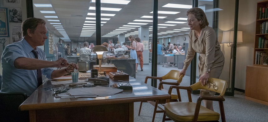 In the film 'The Post,' Tom Hanks and Meryl Streep portray Washington Post's Ben Bradlee and Katie Graham deciding whether to publish leaked classified information in the Pentagon Papers.