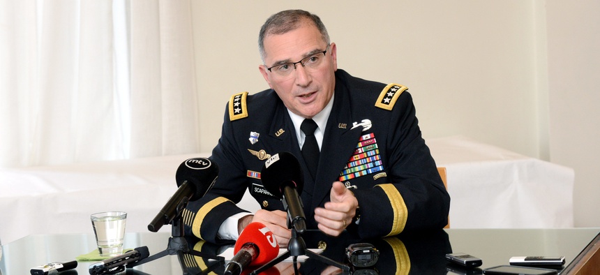 Commander of U.S. European Command, Curtis M. Scaparrotti speaks during his presentation for the Finnish National Defense Course Association in Helsinki, Finland, Wednesday, Aug. 10, 2017.