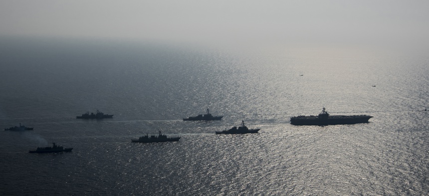 U.S. Navy and Republic of Korea Navy ships steam in formation during exercise Foal Eagle 2017.