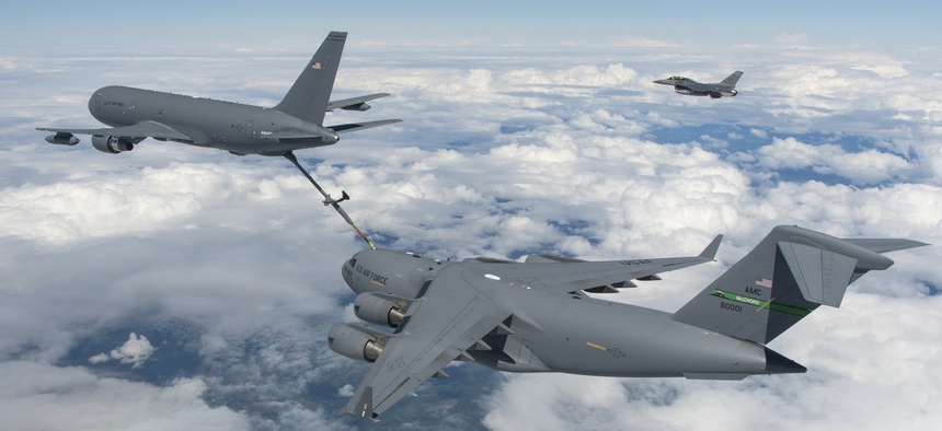 A Boeing-made KC-46 tanker refuels a C-17.
