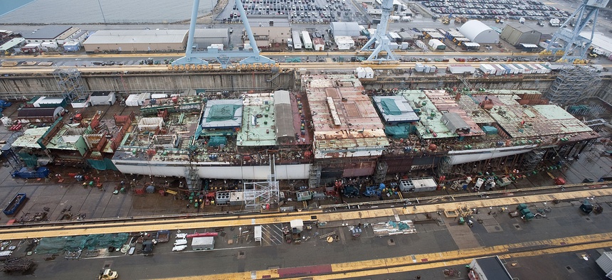 The aircraft carrier Gerald R. Ford (CVN 78), under construction at Huntington Ingalls Newport News Shipbuilding.