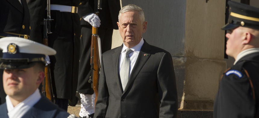 Defense Secretary Jim Mattis waits to welcome Saudi Crown Prince Mohammed bin Salman to the Pentagon on March 22.