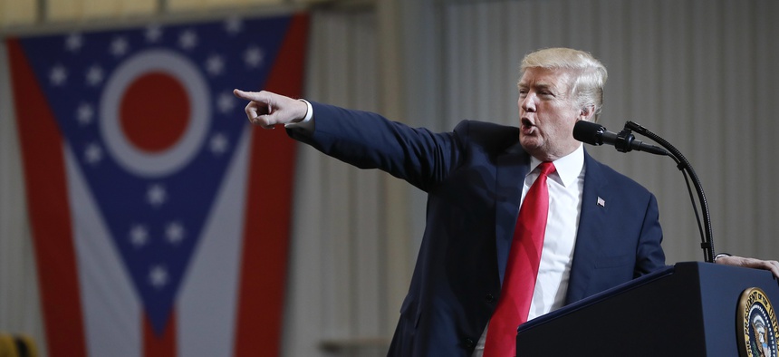 President Donald Trump speaks at Local 18 Richfield Training Facility, Thursday, March 29, 2018, in Richfield, Ohio.