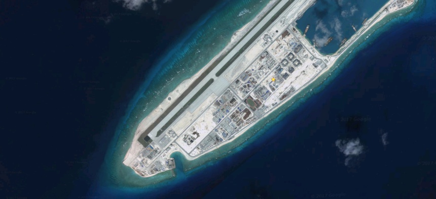July 2017 photo of Fiery Cross Reef in the Spratly Islands in the South China Sea.