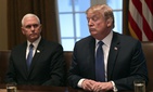 President Donald Trump, right, sitting next to Vice President Mike Pence, left, speaks in the Cabinet Room of the White House in Washington, April 9, 2018, at the start of a meeting with military leaders. President Donald Trump, right, sitting next to Vice President Mike Pence, left, speaks in the Cabinet Room of the White House in Washington, April 9, 2018, at the start of a meeting with military leaders.