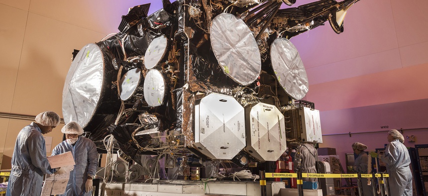 The fourth Advanced Extremely High Frequency (AEHF) satellite undergoes production at Lockheed Martin’s satellite manufacturing facility in Sunnyvale, California.