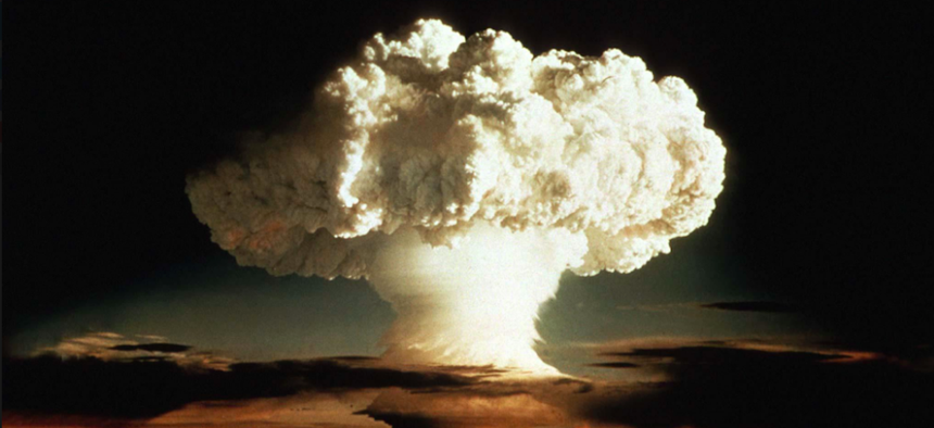 The mushroom cloud of the first test of a hydrogen bomb, "Ivy Mike", as photographed on Enewetak, an atoll in the Pacific Ocean, in 1952, by a member of the United States Air Force's Lookout Mountain 1352d Photographic Squadron.