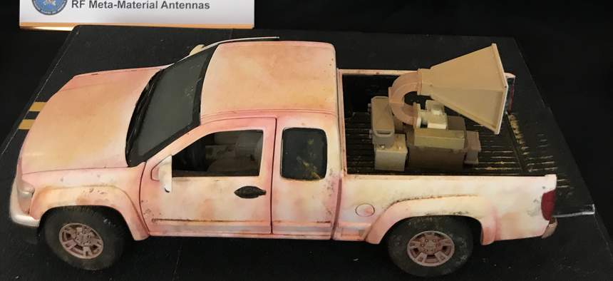 A model of the short-range radio frequency stopper under development to stop vehicle attacks, developed by JNLWD. Photo taken March, 2018.