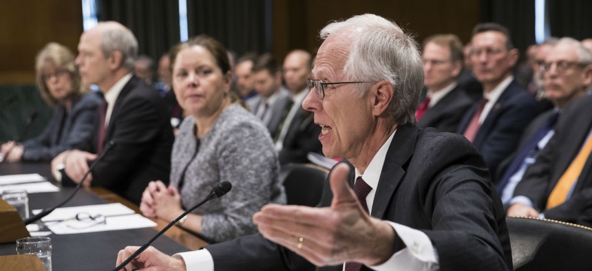 PSC President David Berteau, joined by (right to left) Raytheon VP Jane Chappell, ManTech President and CEO Kevin Phillips, and Brenda Farrell of GAO testify before the Senate Intelligence Committee in March.