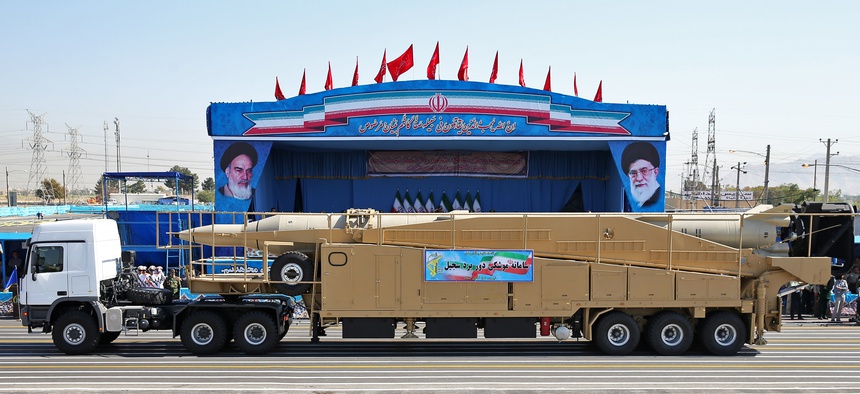 2016 photo of Iran's Sejjil, a surface-to-surface, a two-stage, solid-fuel ballistic missile, displayed by the Revolutionary Guard just outside Tehran.