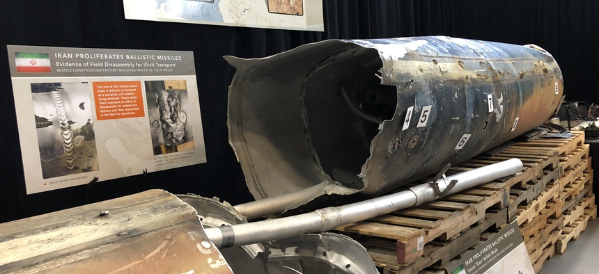U.S. defense intelligence officials displayed the remnants of an Iranian-made ballistic missile launched by Houthi fighters in Yemen at Saudi Arabia, in a warehouse outside of Washington, DC, Feb. 14, 2018.