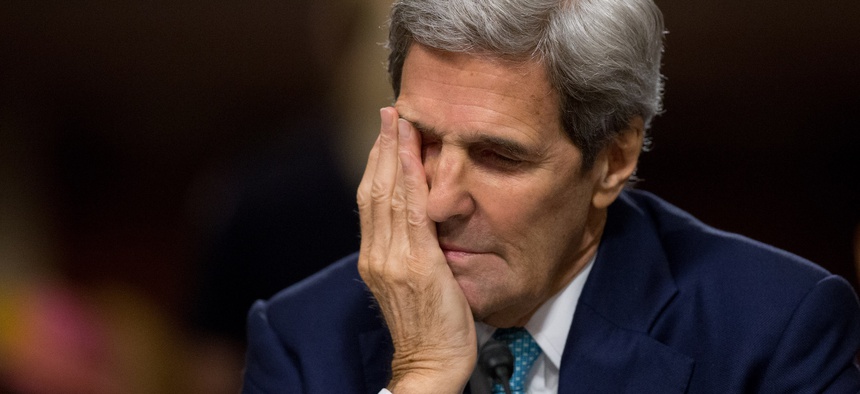 Secretary of State John Kerry, testifies along with Secretary of Energy Ernest Moniz, and Secretary of Treasury Jack Lew at a Senate Foreign Relations Committee hearing on Capitol Hill, in Washington, Thursday, July 23, 2015