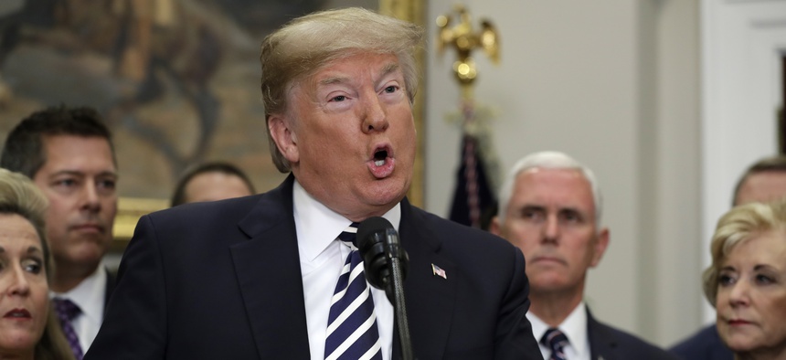 President Donald Trump speaks in the Roosevelt Room of the White House, May 24, 2018, in Washington.