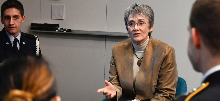 Secretary of the Air Force Heather Wilson speaks to Air Force cadets at Northeastern University in Boston April 4.