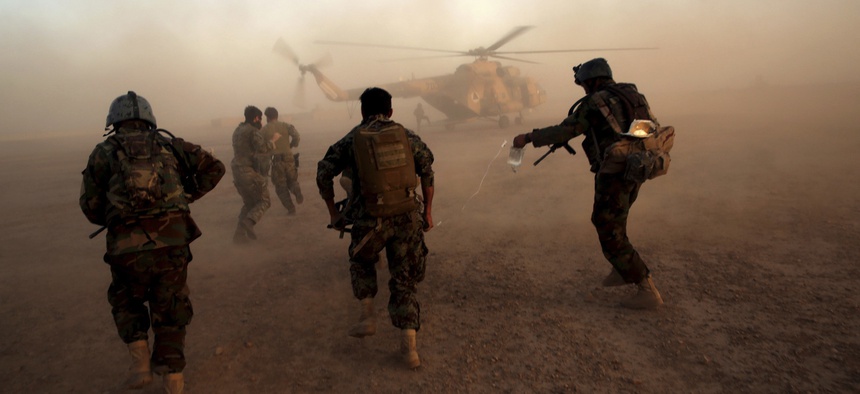 Afghan army commandos train at the Shorab military camp in Helmand province, Afghanistan, in August, 2017.