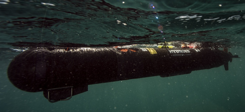 ARABIAN GULF (Sept. 28, 2016) Sailors assigned to Commander, Task Group (CTG) 56.1, Explosive Ordnance Disposal Mobile Unit (EODMU) 1, launch an underwater unmanned vehicle in the Arabian Gulf during routine testing operations.