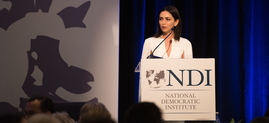 Actor and activist Nazanin Boniadi spoke about the plight of women in Iran at the National Democratic Institute’s 13th annual Madeleine K. Albright Luncheon in Washington, DC, May 9, 2018.