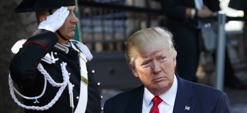 U.S. President Donald Trump arrives for a working session with outreach countries and international organizations, at the G7 Summit, Saturday, May 27, 2017, in Taormina, Italy.