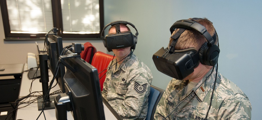 Tech. Sgt. Johnathan Ransbottom, software development NCO in charge for the Curtis E. LeMay Center for Doctrine Development and Education Wargaming Center, and 2nd Lt. Matthew Hendricks at Squadron Officer College Maxwell Air Force Base, Alabama, in 2015.
