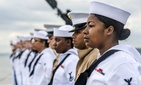 Sailors and Marines man the rails aboard the USS Arlington (LPD-24) in New York City for Fleet Week, May 22, 2018. 