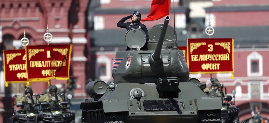 A legendary World War II era Soviet tank T-34 makes its way during the Victory Day military parade to celebrate 73 years since the end of WWII and the defeat of Nazi Germany, in Moscow, Russia, Wednesday, May 9, 2018.