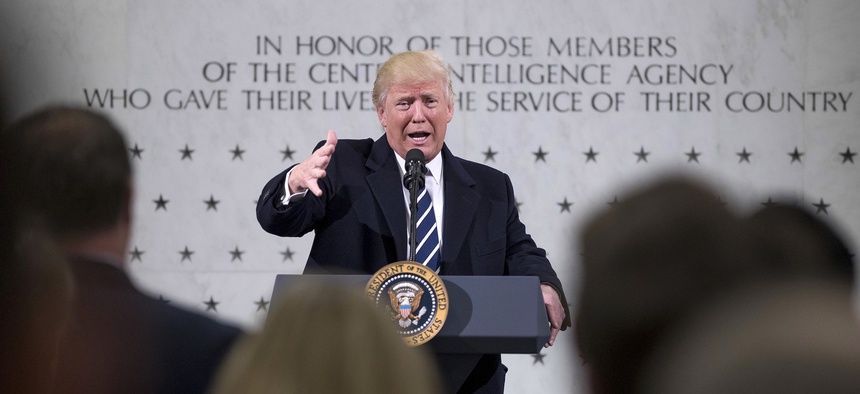 In this Jan. 21, 2017, photo, President Donald Trump speaks at the Central Intelligence Agency in Langley, Va.