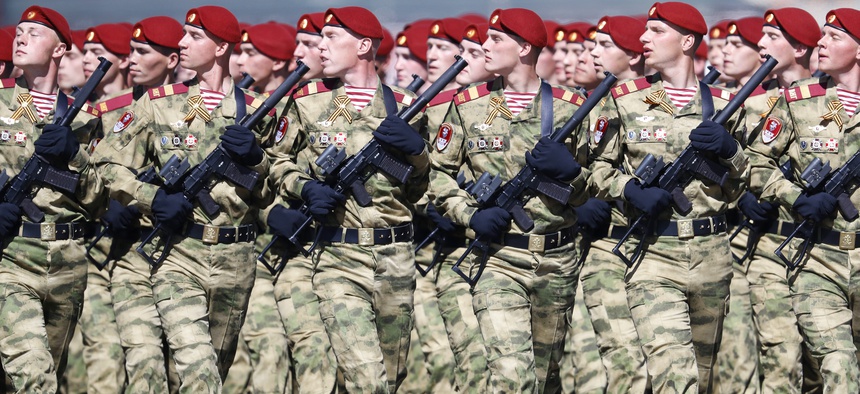 Russian troops march during the Victory Day military parade to celebrate 73 years since the end of WWII and the defeat of Nazi Germany, in Moscow, Russia, Wed, May 9, 2018
