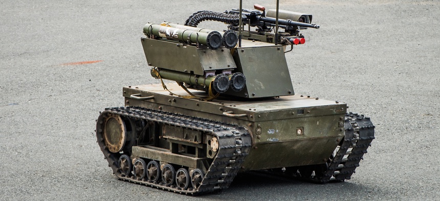 A Russian Army Platform-M robot, which can be used both for patrolling and attacks, at a 2016 exhibition in Vladivostok, Russia.