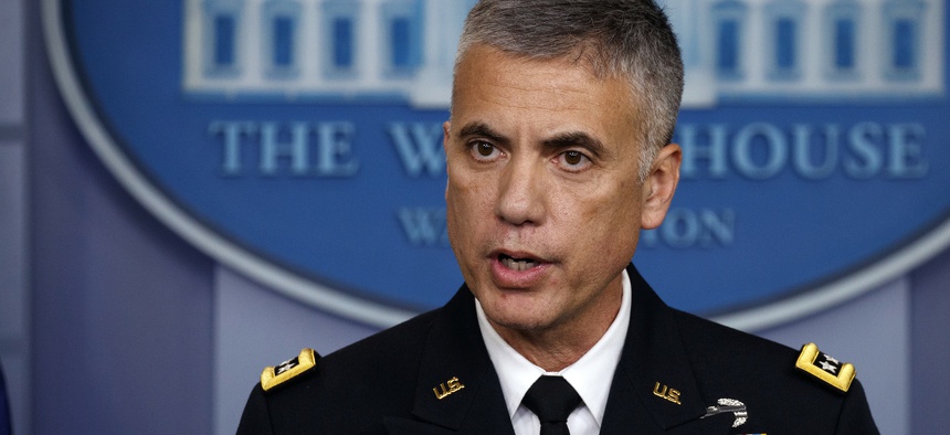 National Security Agency Director Gen. Paul Nakasone speaks during the daily press briefing at the White House, Thursday, Aug. 2, 2018