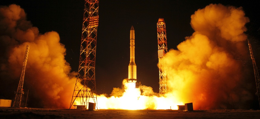 The Proton-M rocket booster blasts off at the Russian leased Baikonur cosmodrome, Kazakhstan, Tuesday, Sept. 12, 2017. The Russian rocket carries Amazonas 5, a Ku- and Ka-band communications satellite for broadband and telecommunications services.