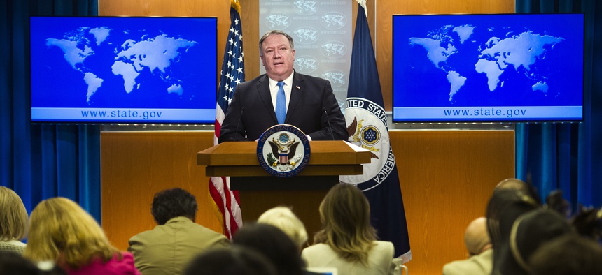 Secretary of State Mike Pompeo announces the creation of the Iran Action Group at the State Department, in Washington, Thursday, Aug. 16, 2018.